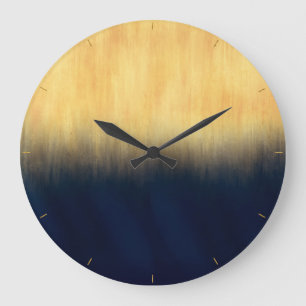 Modern Golden Blue Brushstrokes Large Clock