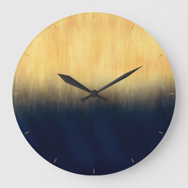 Modern Golden Blue Brushstrokes Large Clock (Front)
