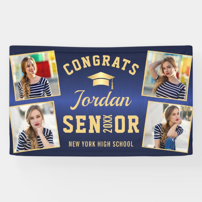 Modern Golden Blue Graduation Class of 2024 PHOTO Banner (Horizontal)