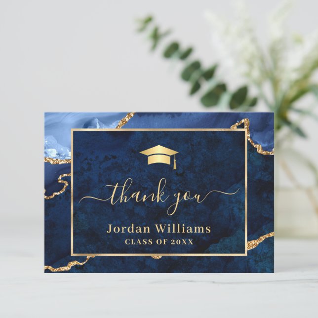 Modern Golden Blue Marble Agate Graduation Thank You Card (Standing Front)