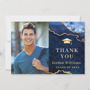 Modern Golden Blue Marble Agate Graduation Thank You Card