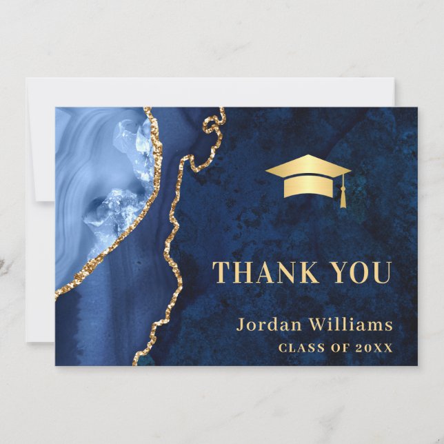 Modern Golden Blue Marble Agate Graduation Thank You Card (Front)