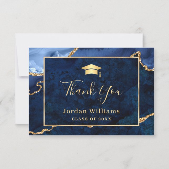 Modern Golden Blue Marble Agate Graduation Thank You Card (Front)