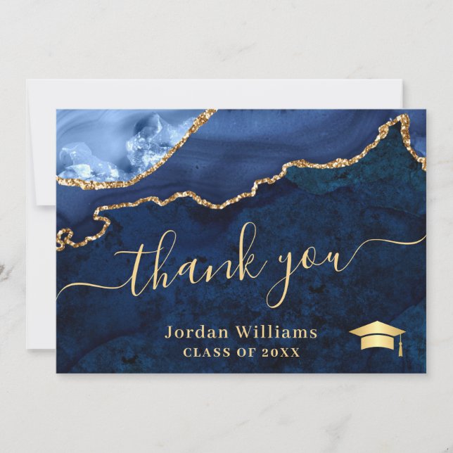 Modern Golden Blue Marble Agate Graduation Thank You Card (Front)
