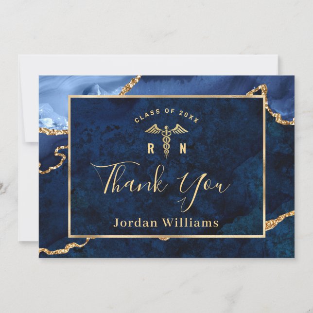 Modern Golden Blue Marble Agate RN Graduation Thank You Card (Front)