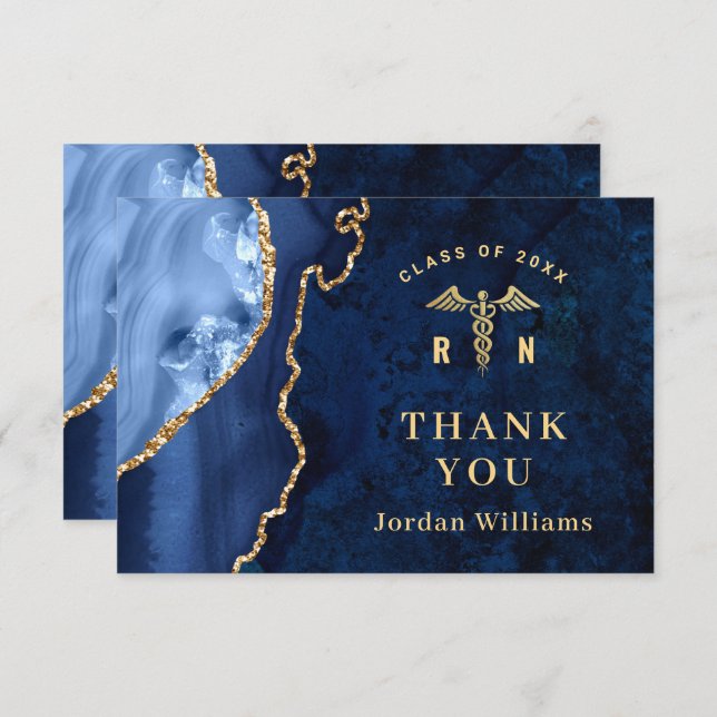 Modern Golden Blue Marble Agate RN Graduation Thank You Card (Front/Back)