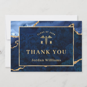 Modern Golden Blue Marble Agate RN Graduation Thank You Card