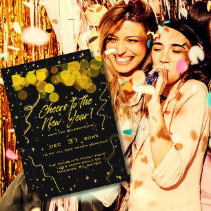 Modern Golden Bokeh Lights Cheers to New Year Invitation