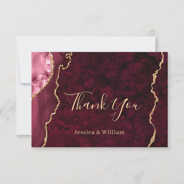 Modern Golden Burgundy Marble Agate Thank You Card (Front)