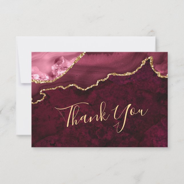Modern Golden Burgundy Marble Agate Thank You Card (Front)