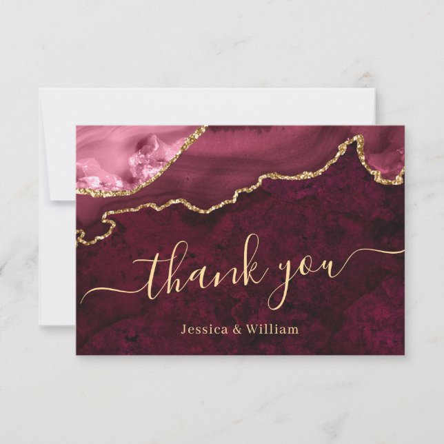 Modern Golden Burgundy Marble Agate Thank You Card (Front)