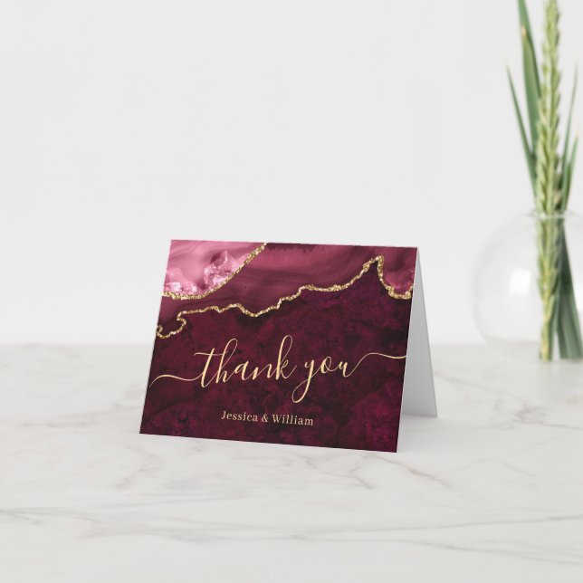 Modern Golden Burgundy Marble Agate Thank You Card (Front)