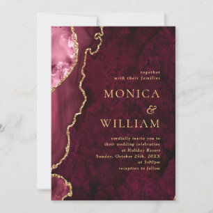 Modern Golden Burgundy Marble Agate Wedding Invitation