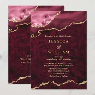 Modern Golden Burgundy Marble Agate Wedding Invitation