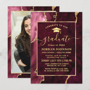 Modern Golden Burgundy Marble Graduation Party Invitation