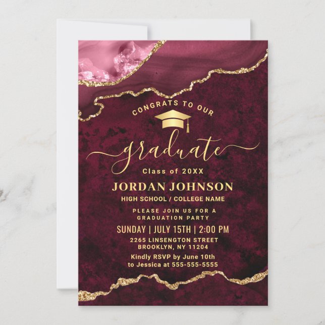 Modern Golden Burgundy Marble Graduation Party Invitation (Front)