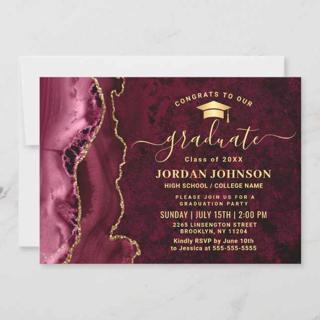 Modern Golden Burgundy Marble Graduation Party Invitation (Front)