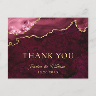 Modern Golden Burgundy Marble Wedding Thank You Postcard