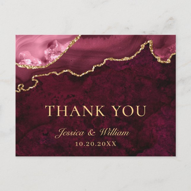 Modern Golden Burgundy Marble Wedding Thank You Postcard (Front)