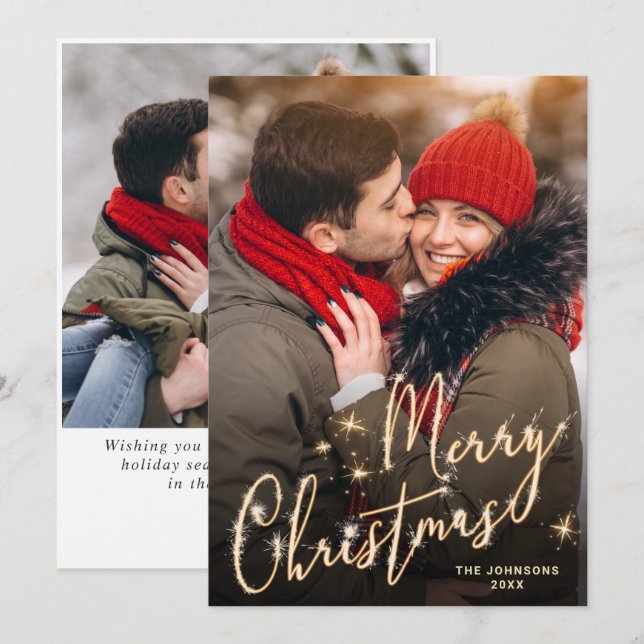 Modern Golden Christmas 2 PHOTO Greeting Holiday Card (Front/Back)