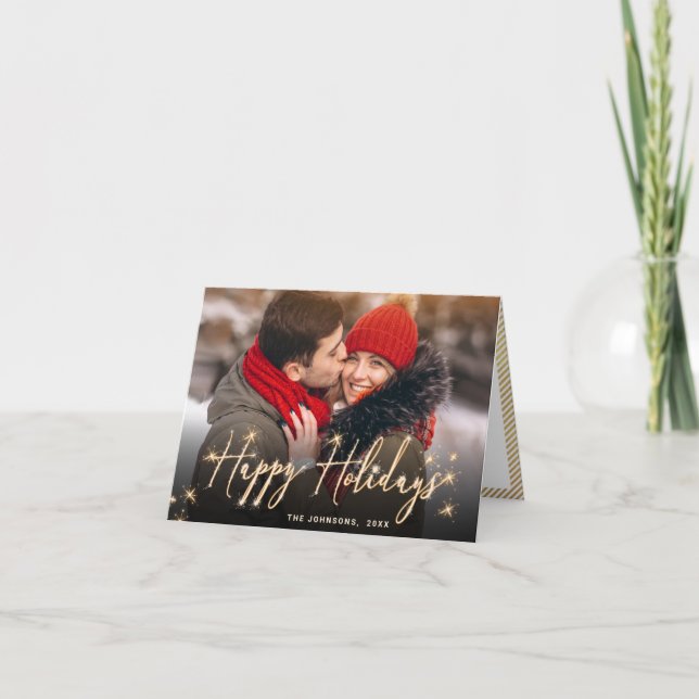Modern Golden Christmas 3 PHOTO Greeting Holiday Card (Front)