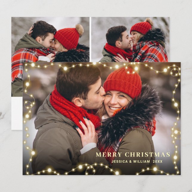 Modern Golden Christmas 3 PHOTO Greeting Holiday Card (Front/Back)