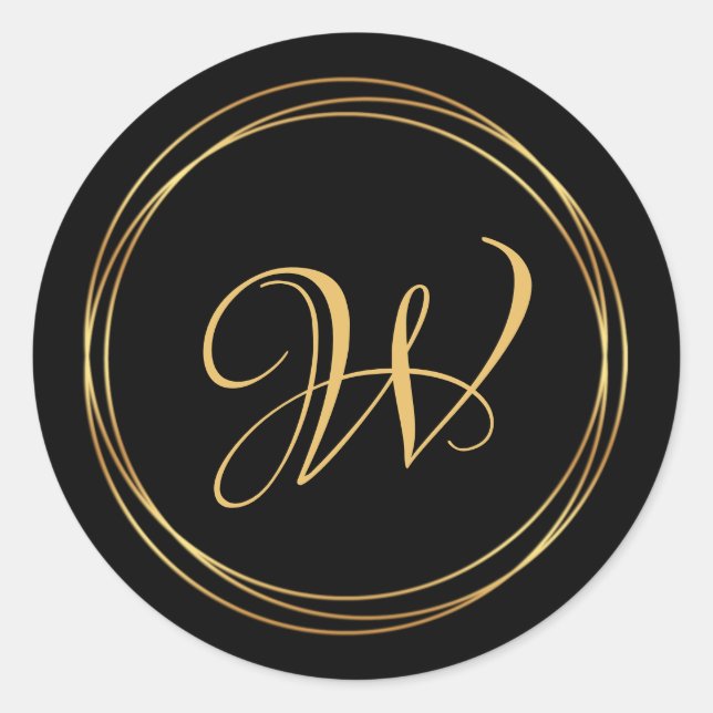 Modern golden circle on black monogram logo classic round sticker (Front)