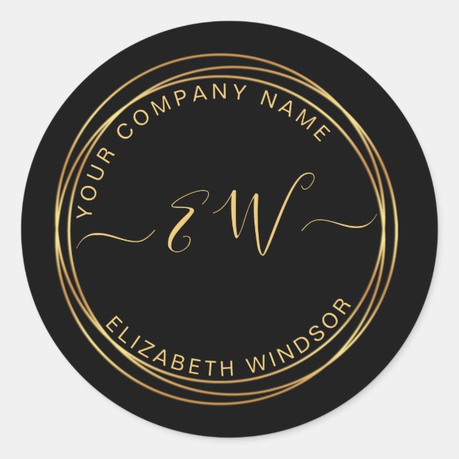 Modern golden circle on black monogram logo classic round sticker (Front)