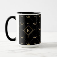 Modern Golden Crown Pattern Monogram Initial Black