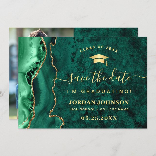 Modern Golden Emerald Marble Graduation QR code Save The Date (Front/Back)