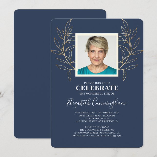 Modern Golden Foliage Leaves Photo Memorial Invitation (Front/Back)