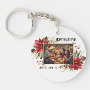 Modern golden Frame Floral Merry Christmas Photo Keychain