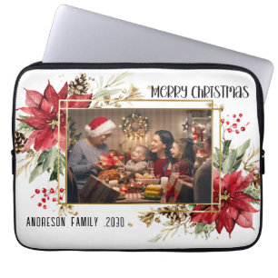 Modern golden Frame Floral Merry Christmas Photo Laptop Sleeve