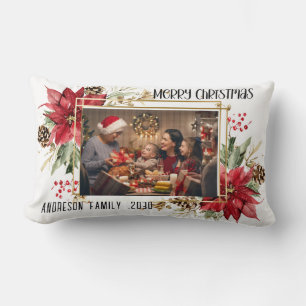 Modern golden Frame Floral Merry Christmas Photo Lumbar Pillow