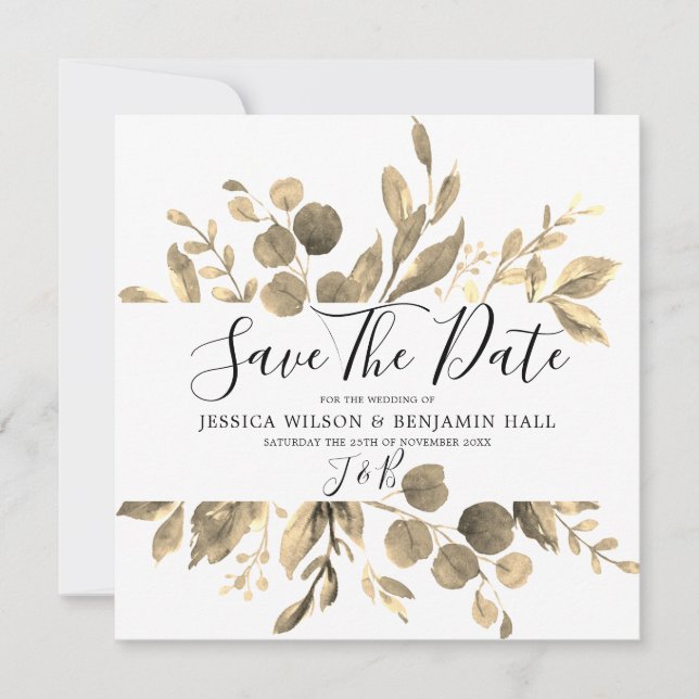 Modern Golden Garden Leaves Wedding Save The Date (Front)
