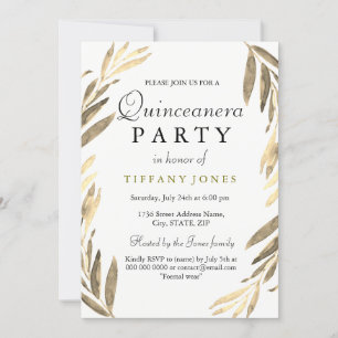 Modern Golden Gold Leaf Quinceanera Party Invite
