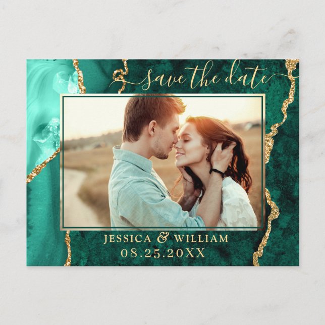 Modern Golden Green Agate PHOTO Save the Date Announcement Postcard (Front)