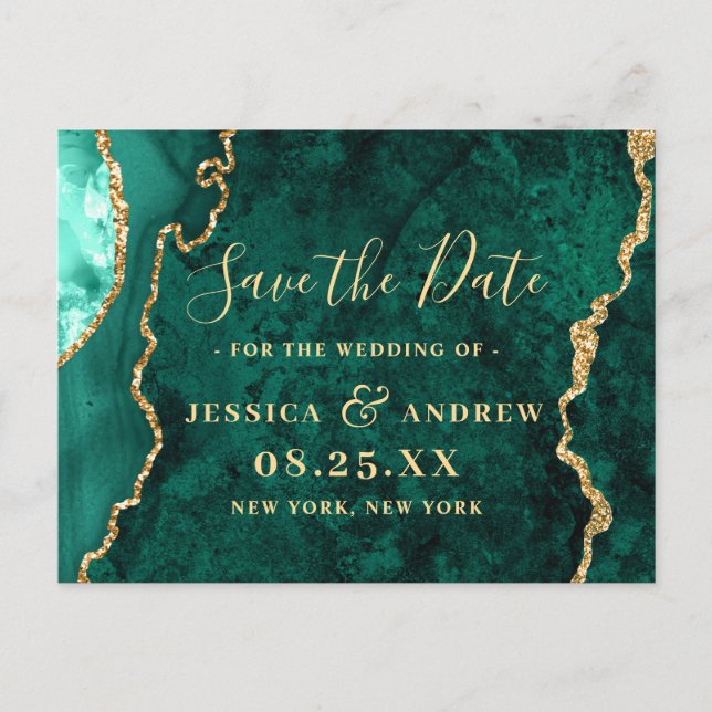 Modern Golden Green Agate Wedding Save the Date Postcard (Front)