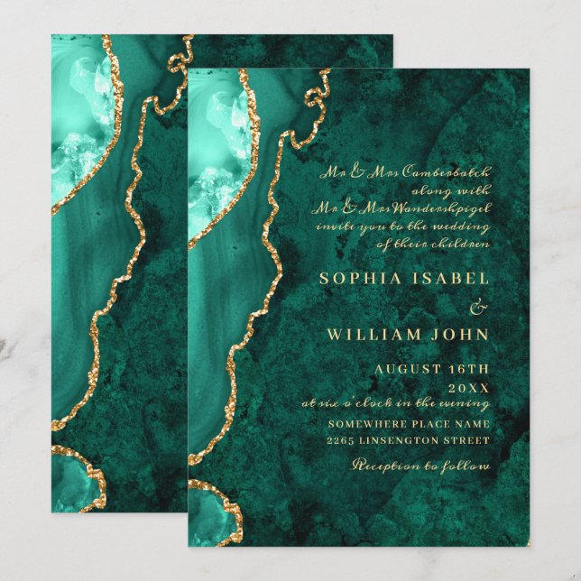 Modern Golden Green Marble Agate Wedding Invitation (Front/Back)