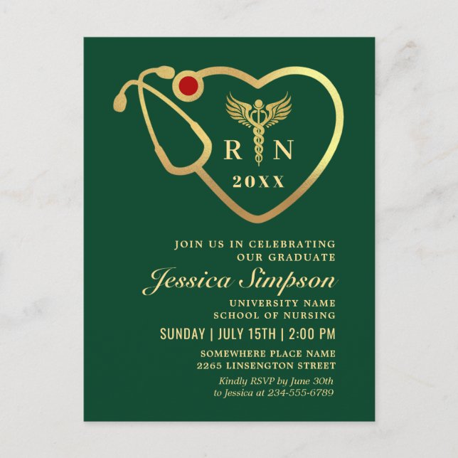 Modern Golden Green Nursing Graduation Invitation Postcard (Front)