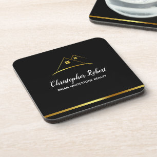 Modern Golden House Logo Real Estate Coaster