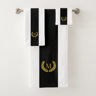 Modern Golden Laurel & Monogram on Black & White Bath Towel Set