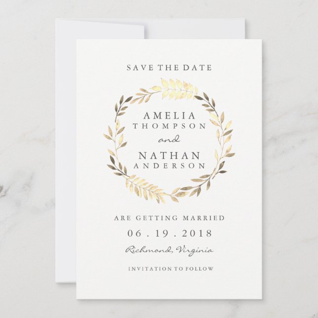 Modern Golden Leaf Wreath Wedding Save The Date (Front)