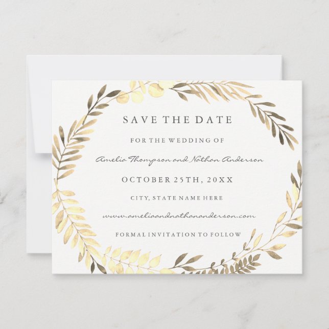 Modern Golden Leaf Wreath Wedding Save The Date (Front)