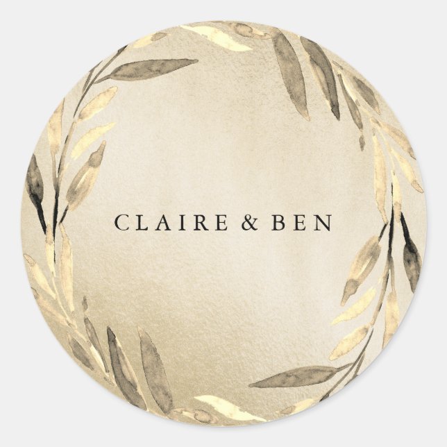 Modern Golden Leaf Wreath Wedding Sticker (Front)