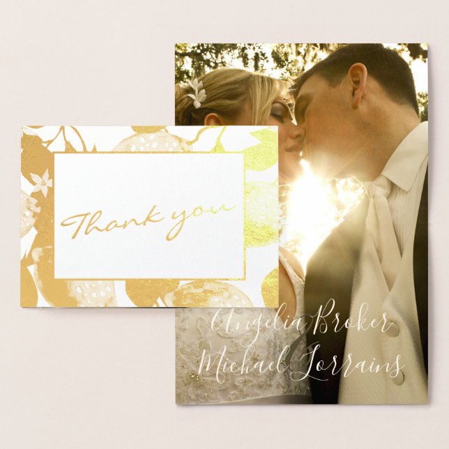 Modern Golden Lemons & Foliage Wedding Photo Real Foil Card (Display)
