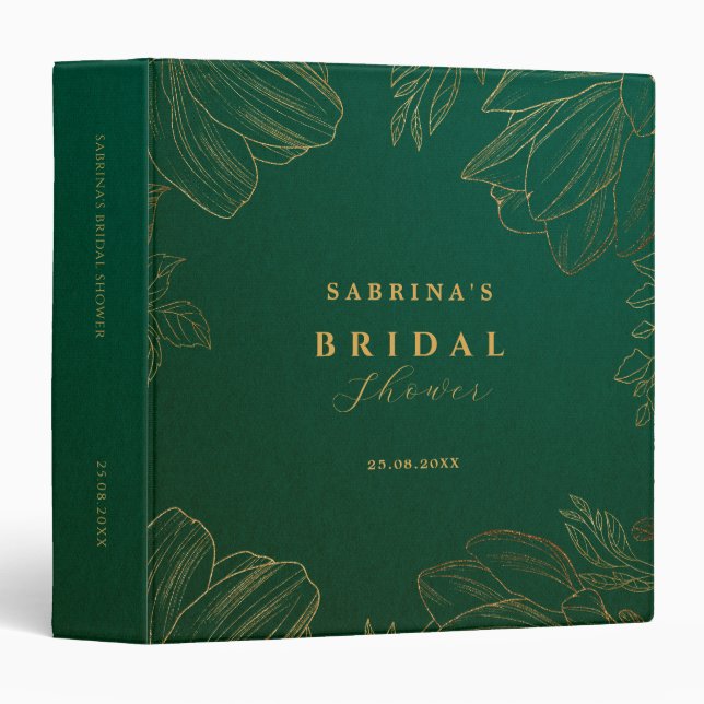 Modern Golden Nature Floral Green Bridal Shower  Binder (Front/Spine)