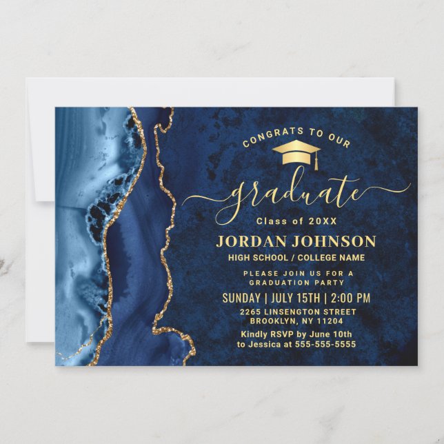 Modern Golden Navy Blue Graduation Party QR code Invitation (Front)