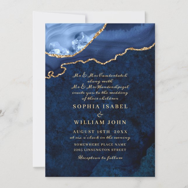 Modern Golden Navy Blue Marble Agate Wedding Invitation (Front)