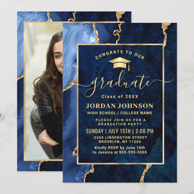 Modern Golden Navy Blue Marble Graduation Party Invitation (Front/Back)